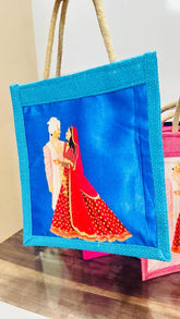 Jute Bags With Dulha/Dulhan Print For Return Gifts, Thamboolam Bags, Wedding Gifts, Lunch Bag Multicolor 10*8*4 inches Gifts